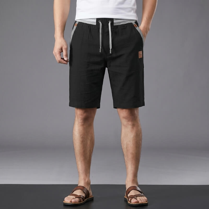 Flavio Cotton Linen Shorts – Elastic Waist Drawstring Stripe Detail Casual Summer Trousers