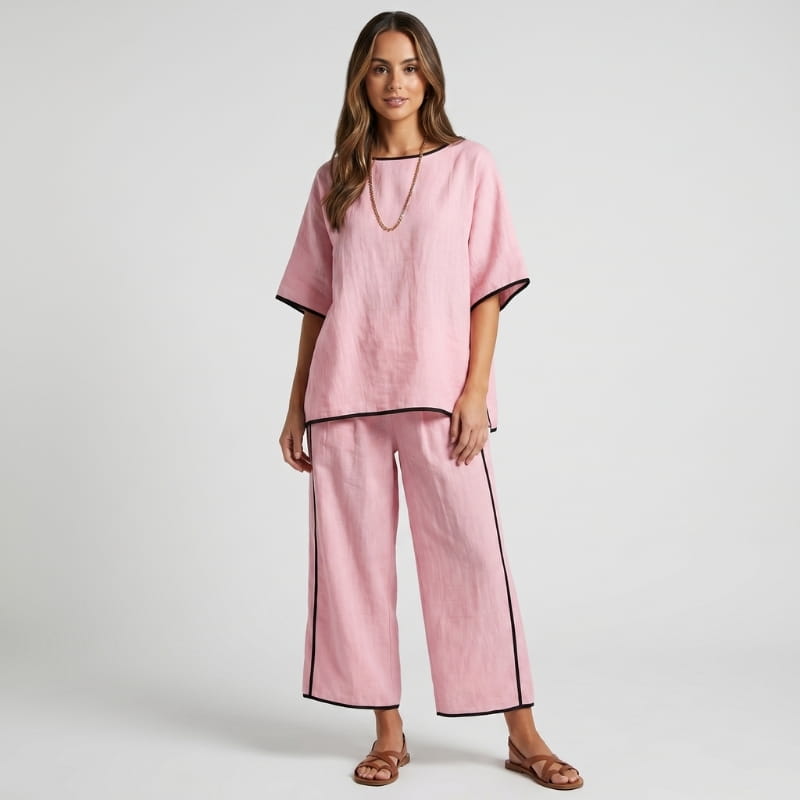 Alona Contrast Trim Linen Two-Piece Set – Round Neck Oversized Top Cropped Wide Leg Outfit