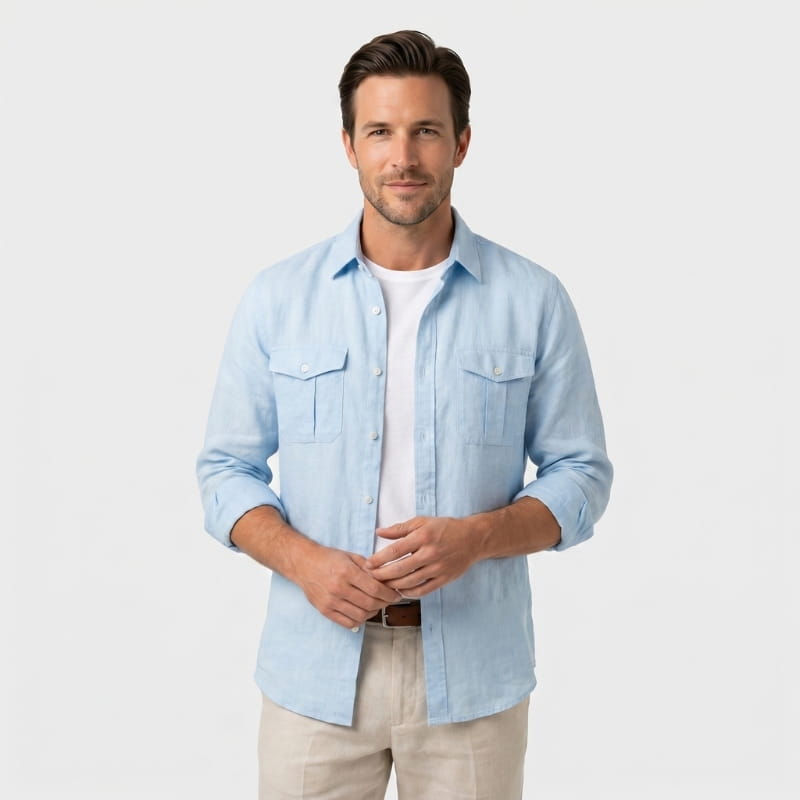 Harold Cotton Linen Utility Shirt – Double Chest Pocket Point Collar Long Sleeve Casual Top