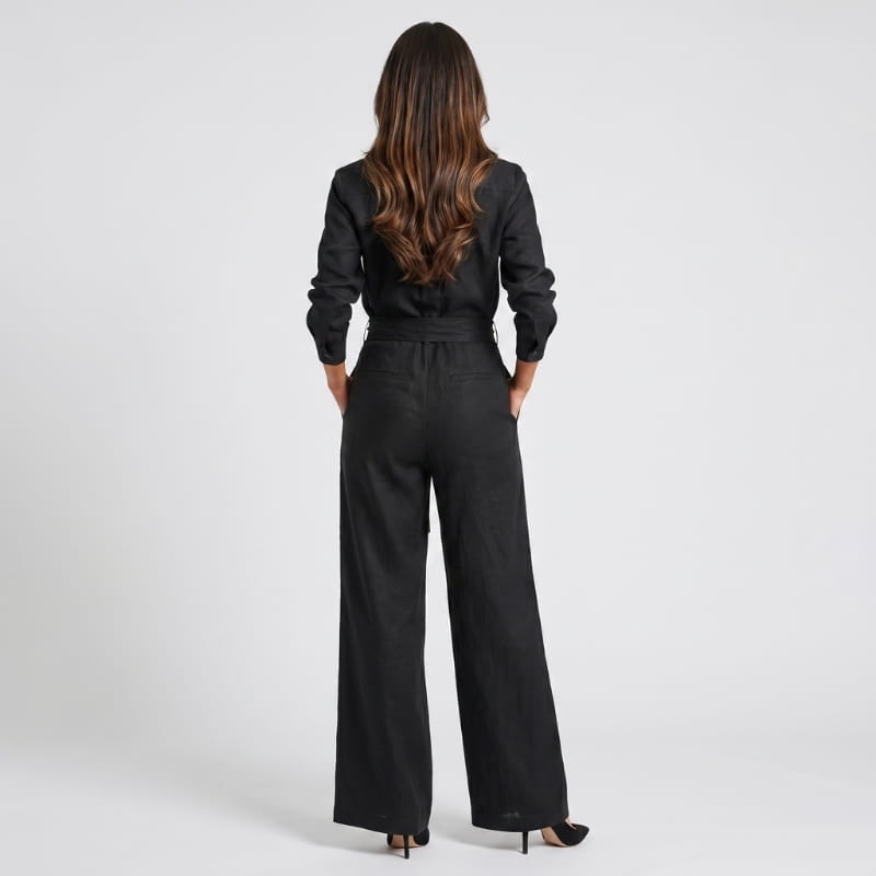 Jessy Linen Wide Leg Jumpsuit – Shirt Collar Self-Tie Belt Long Sleeve Elegant Casual Outfit