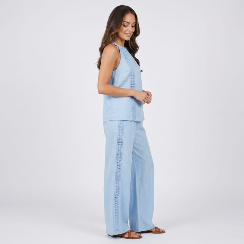 Fiora Linen Two-Piece Set – Halter Neck Lace Trim Top Wide Leg Trouser Elegant Resort Outfit