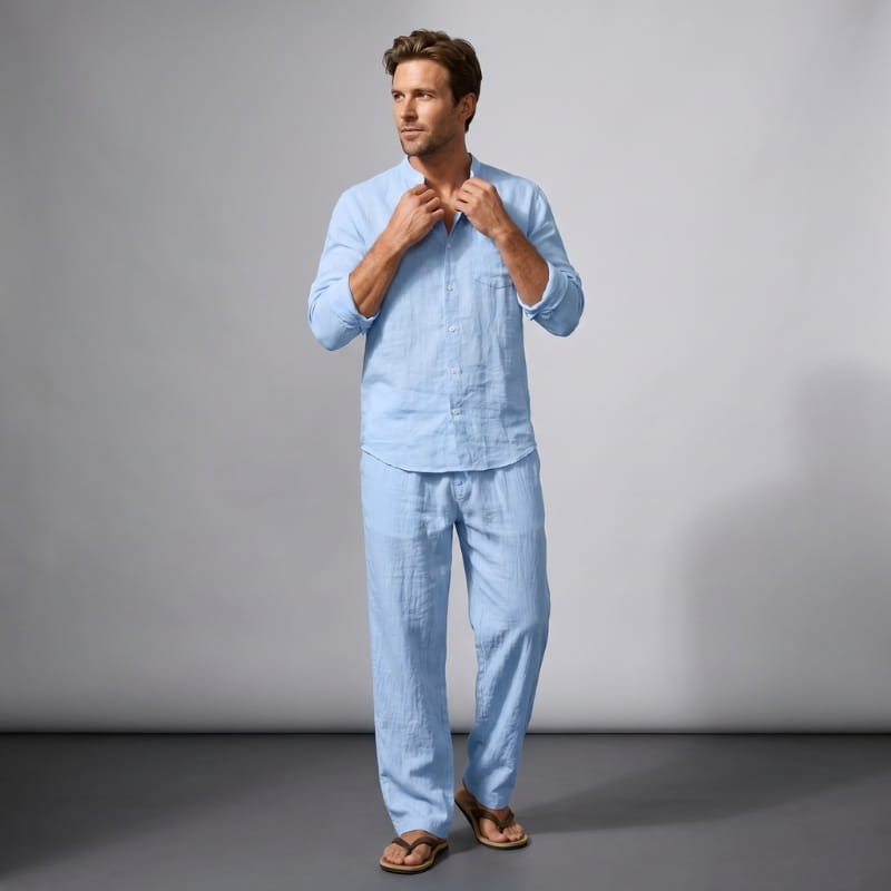 Felix Linen Two-Piece Set – Band Collar Shirt Wide Leg Elastic Waist Relaxed Casual Outfit