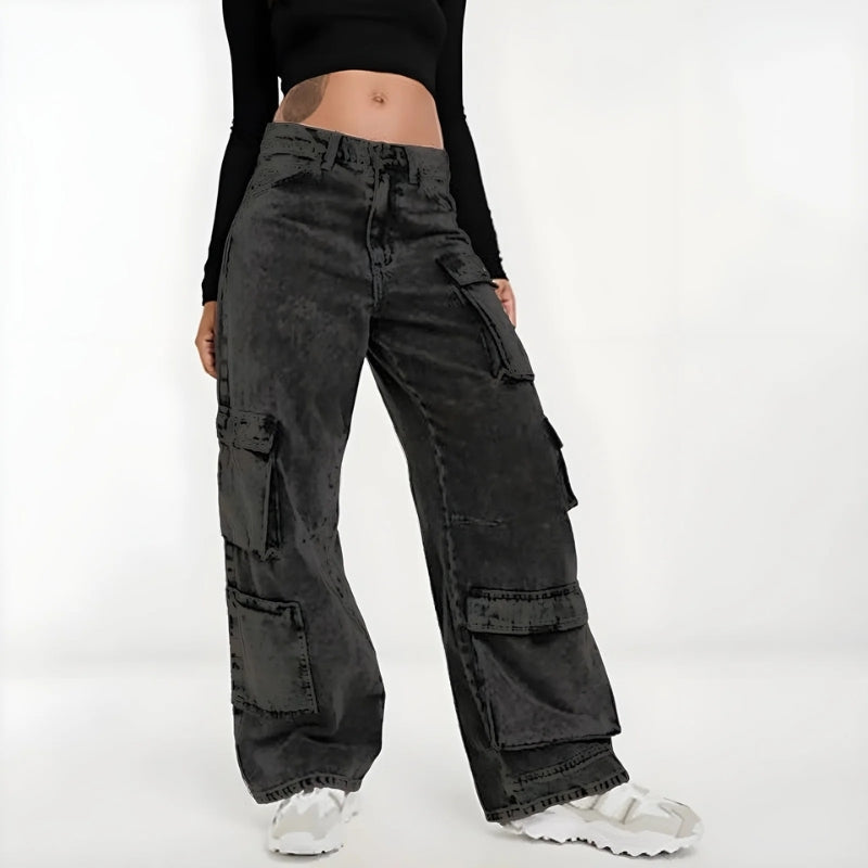 Jenny High Waist Acid Wash Utility Cargo Pants – Modern Wide Leg Street Trousers