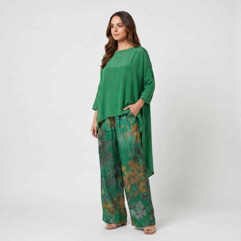 Herlene Woven Two-Piece Set – Asymmetric Hem Top Floral Print Wide Leg Trouser Boho Outfit