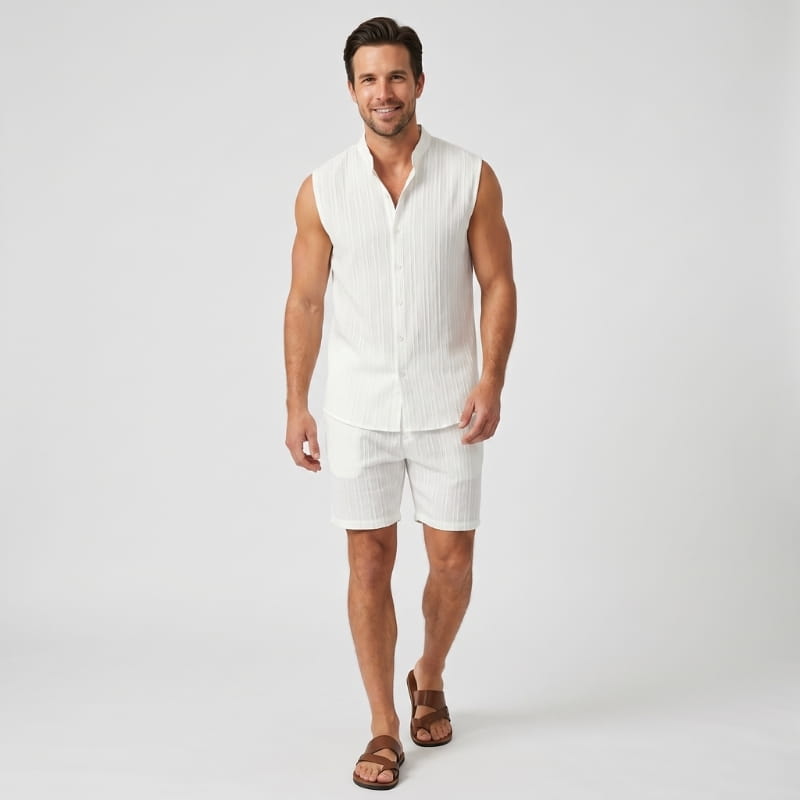 Brion Ribbed Linen Two-Piece Set – Sleeveless Vest Mandarin Collar Drawstring Shorts Outfit