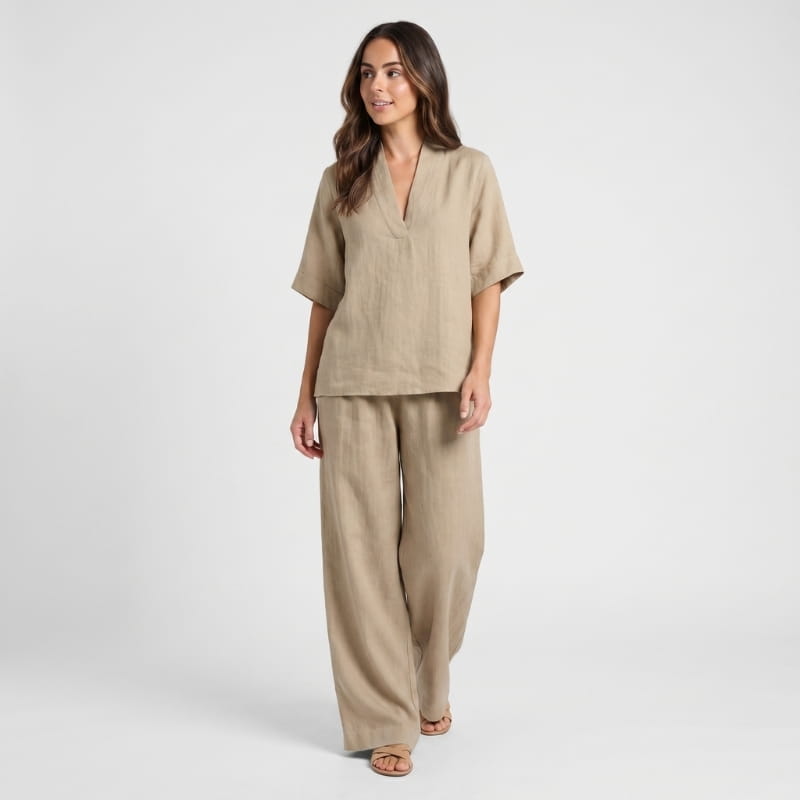 Vera Linen Co-Ord Set – V-Neck Oversized Top Wide Leg Trouser Relaxed Breathable Casual Outfit