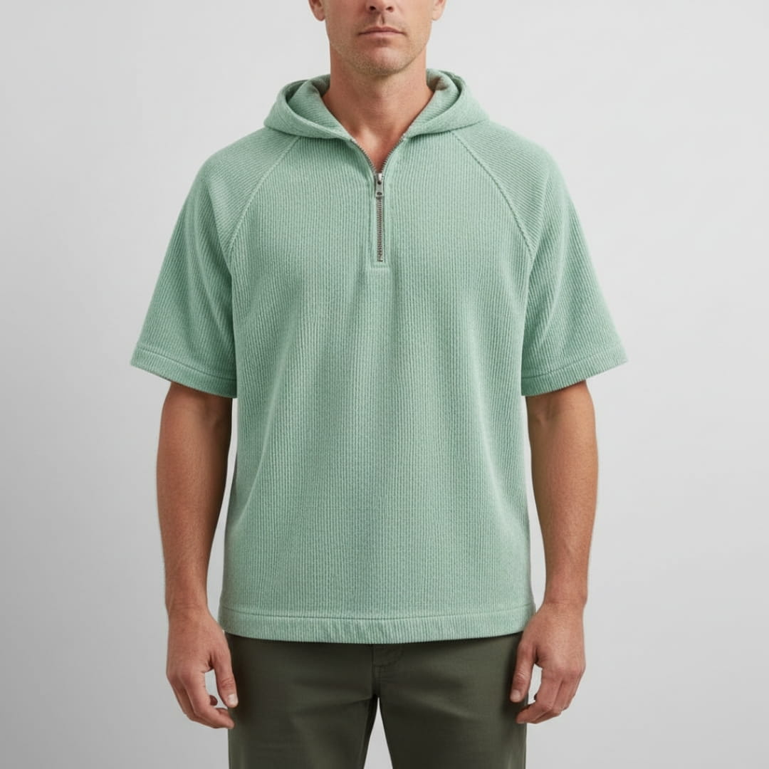 Randy Corduroy Cotton Quarter-Zip Hoodie Shirt – Oversized Relaxed Layer