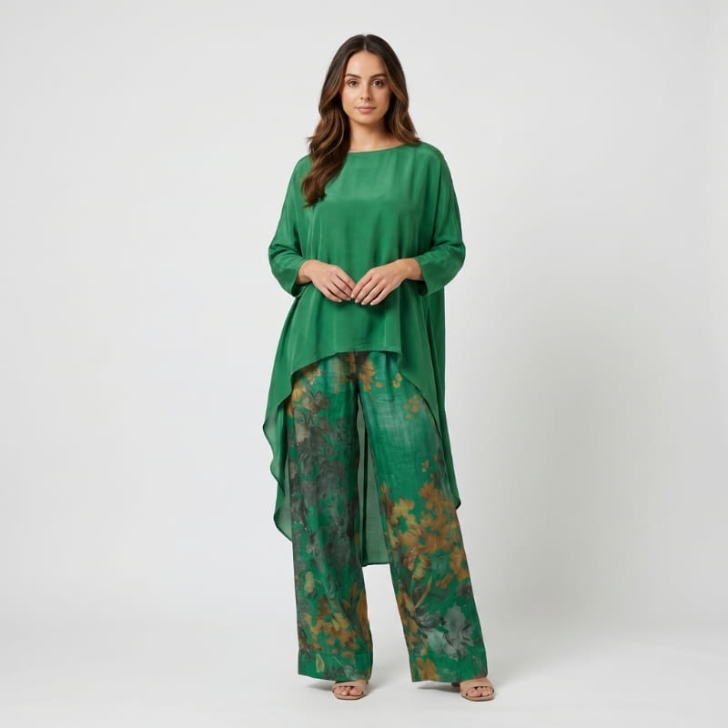 Herlene Woven Two-Piece Set – Asymmetric Hem Top Floral Print Wide Leg Trouser Boho Outfit