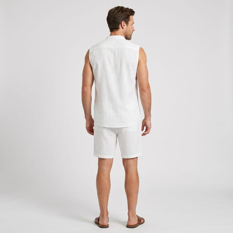Brion Ribbed Linen Two-Piece Set – Sleeveless Vest Mandarin Collar Drawstring Shorts Outfit