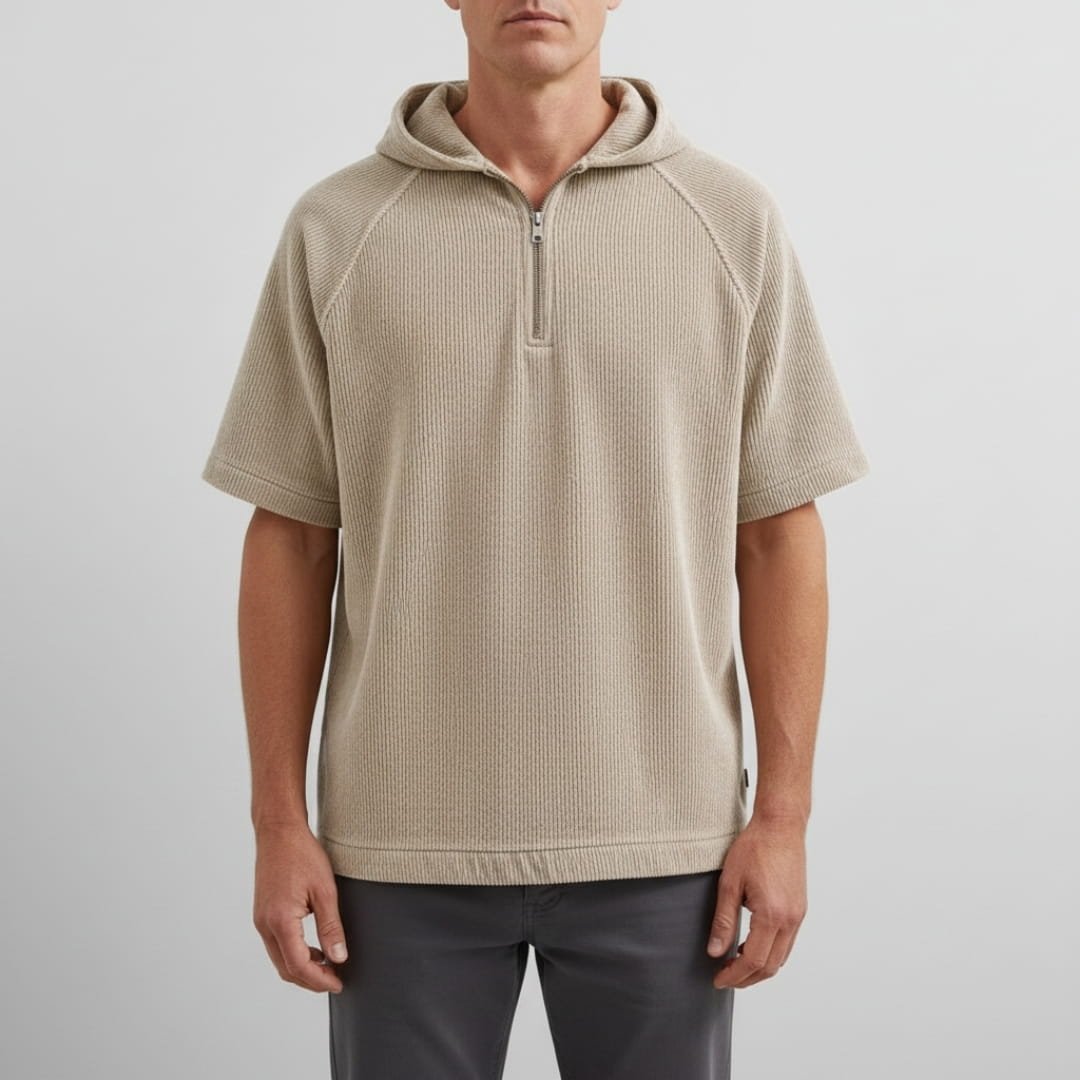 Randy Corduroy Cotton Quarter-Zip Hoodie Shirt – Oversized Relaxed Layer
