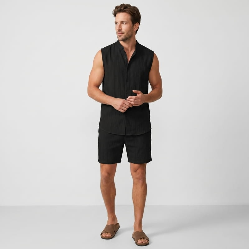 Brion Ribbed Linen Two-Piece Set – Sleeveless Vest Mandarin Collar Drawstring Shorts Outfit