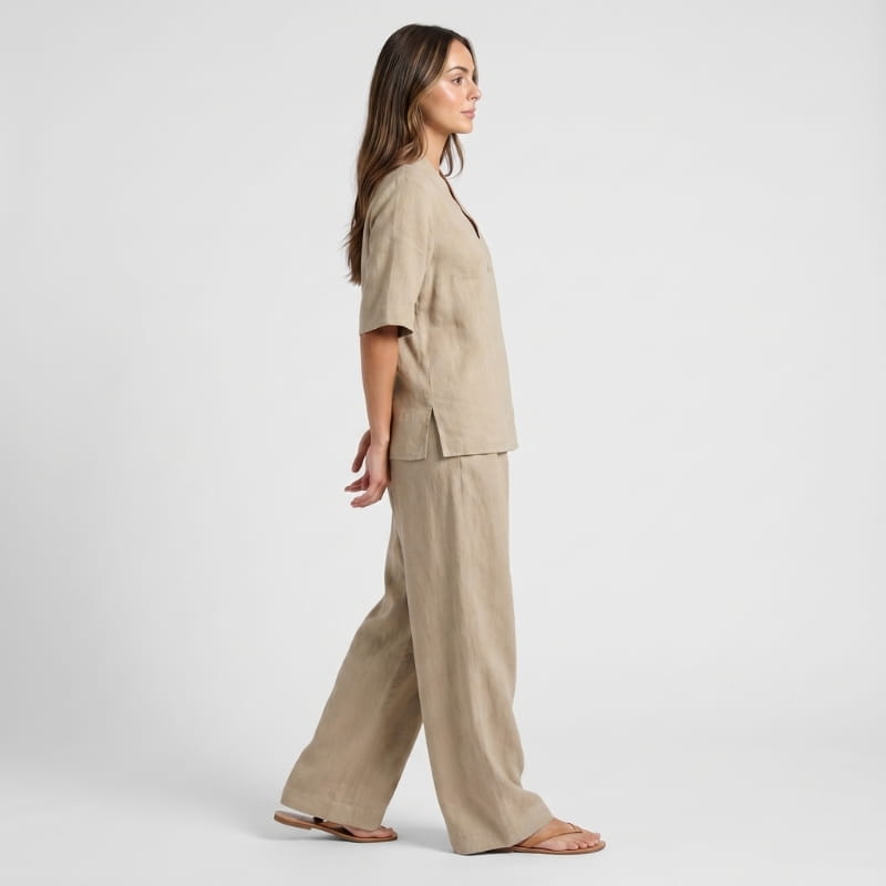 Vera Linen Co-Ord Set – V-Neck Oversized Top Wide Leg Trouser Relaxed Breathable Casual Outfit