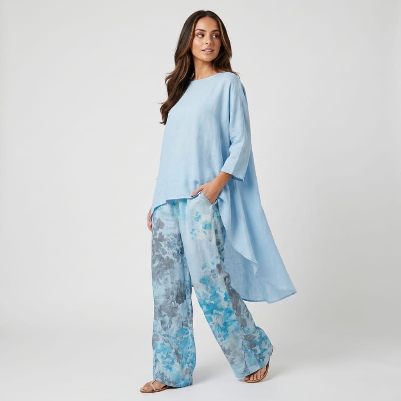 Herlene Woven Two-Piece Set – Asymmetric Hem Top Floral Print Wide Leg Trouser Boho Outfit