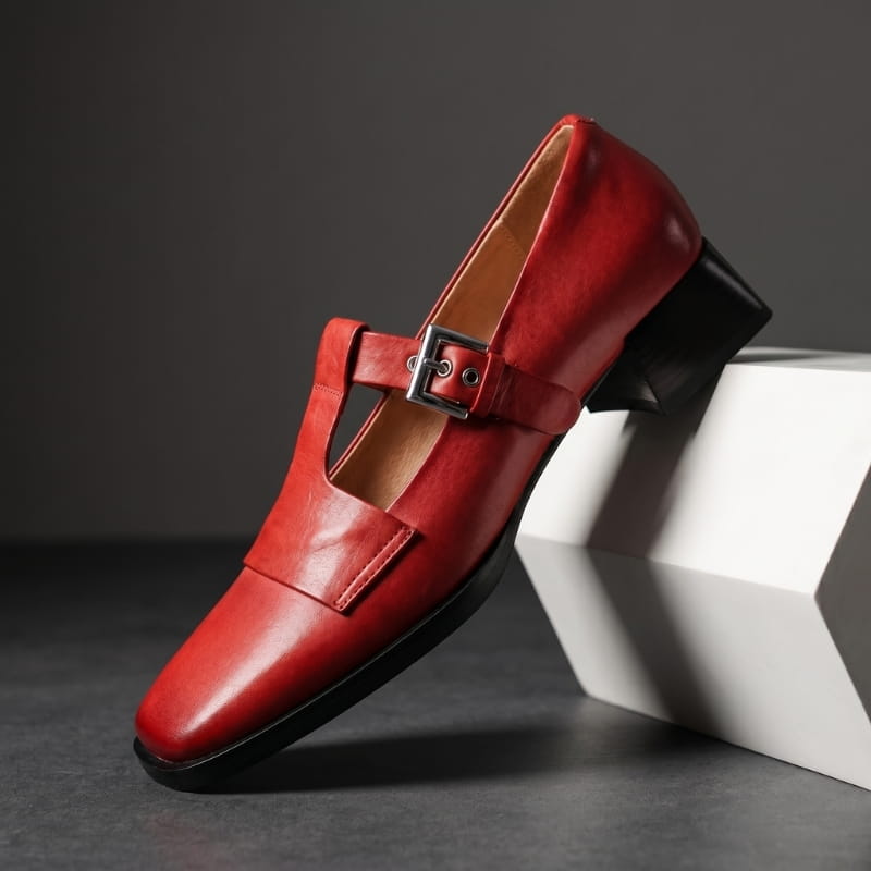 Verona Leather T-Strap Block Heel Pumps – Square Toe Elegant Dress Shoes