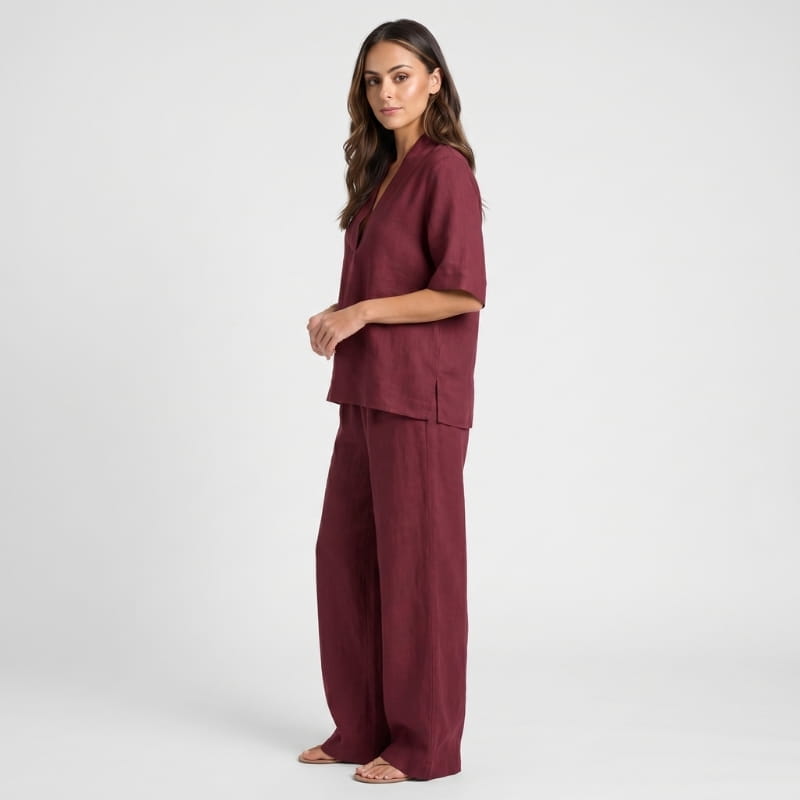 Vera Linen Co-Ord Set – V-Neck Oversized Top Wide Leg Trouser Relaxed Breathable Casual Outfit