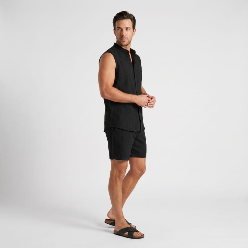 Brion Ribbed Linen Two-Piece Set – Sleeveless Vest Mandarin Collar Drawstring Shorts Outfit
