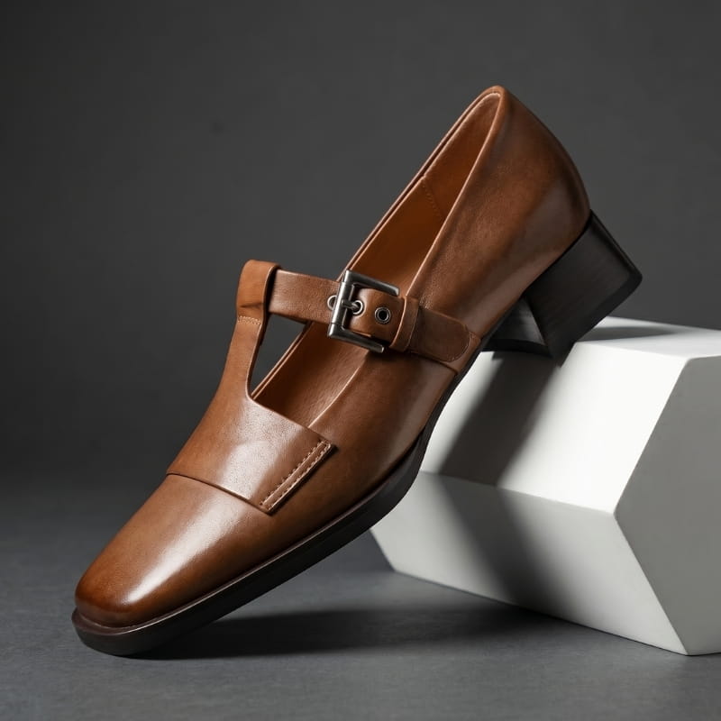 Verona Leather T-Strap Block Heel Pumps – Square Toe Elegant Dress Shoes