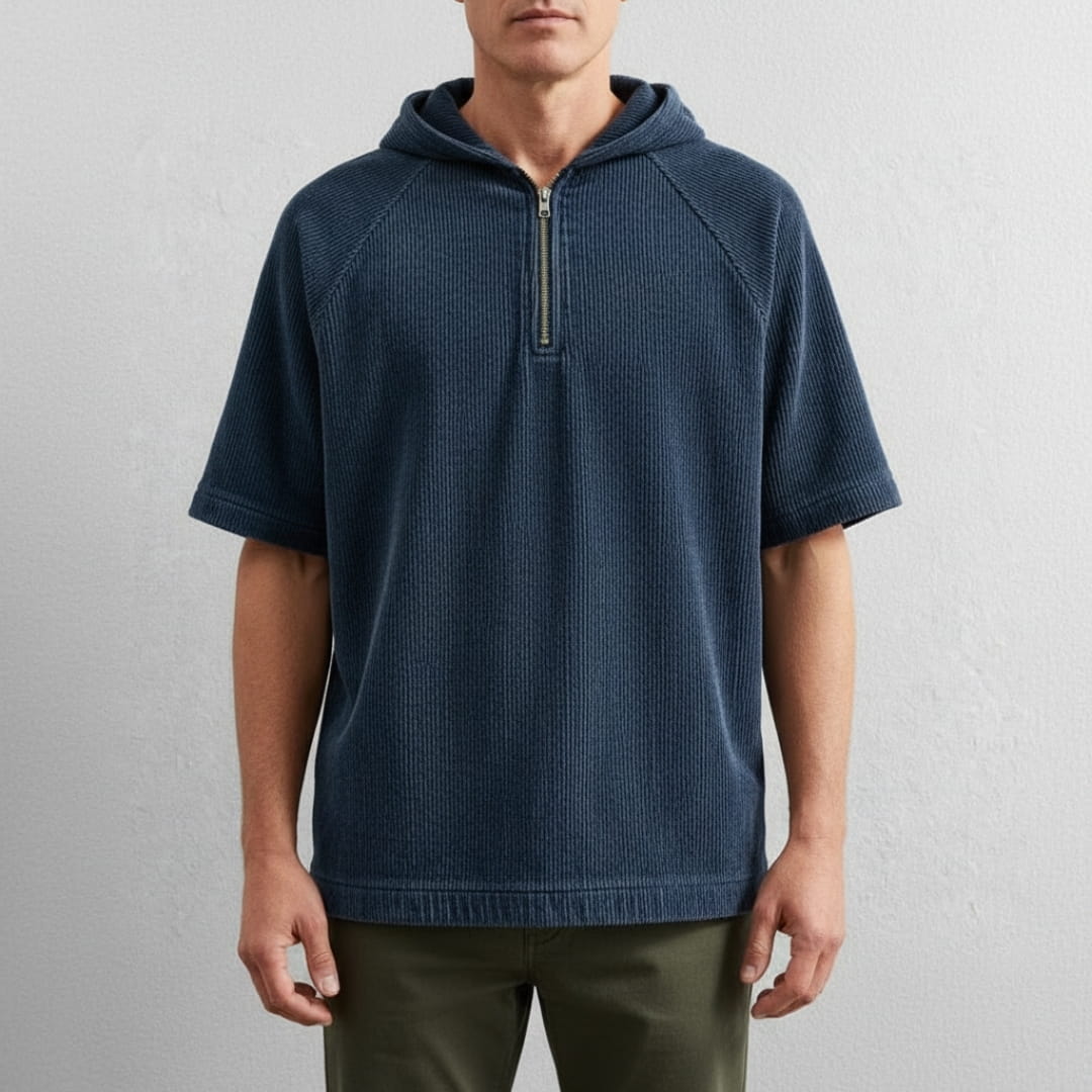 Randy Corduroy Cotton Quarter-Zip Hoodie Shirt – Oversized Relaxed Layer