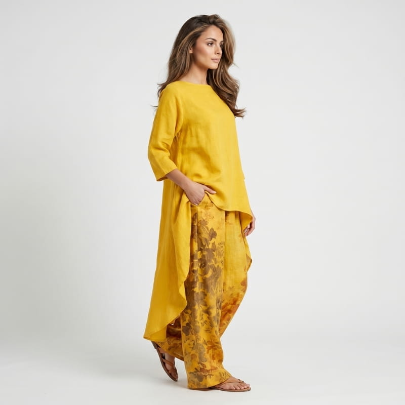 Herlene Woven Two-Piece Set – Asymmetric Hem Top Floral Print Wide Leg Trouser Boho Outfit