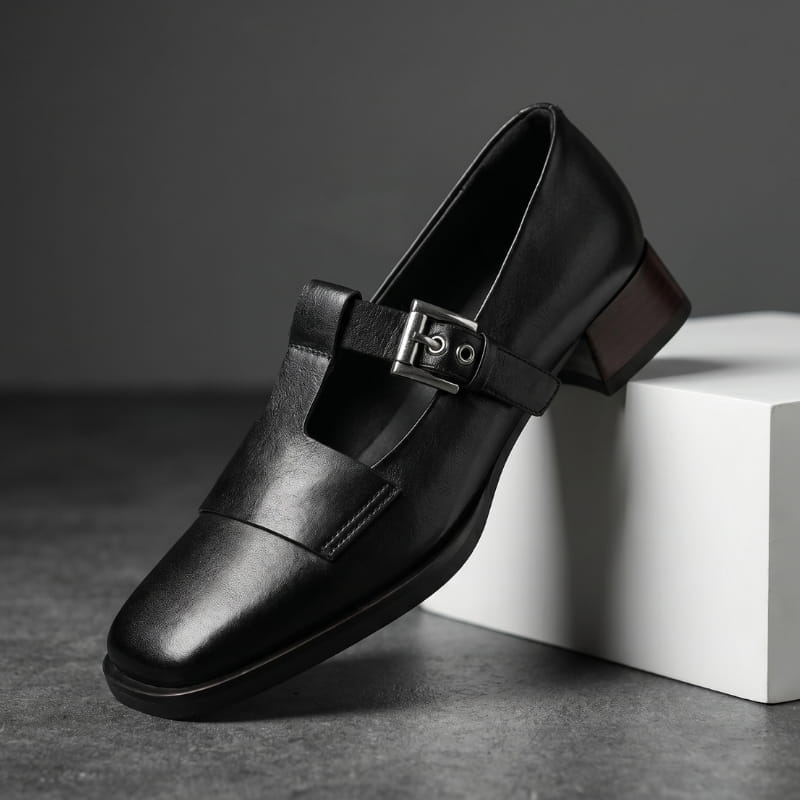 Verona Leather T-Strap Block Heel Pumps – Square Toe Elegant Dress Shoes