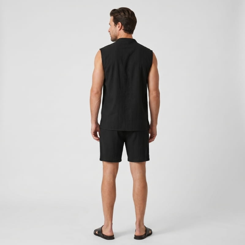 Brion Ribbed Linen Two-Piece Set – Sleeveless Vest Mandarin Collar Drawstring Shorts Outfit
