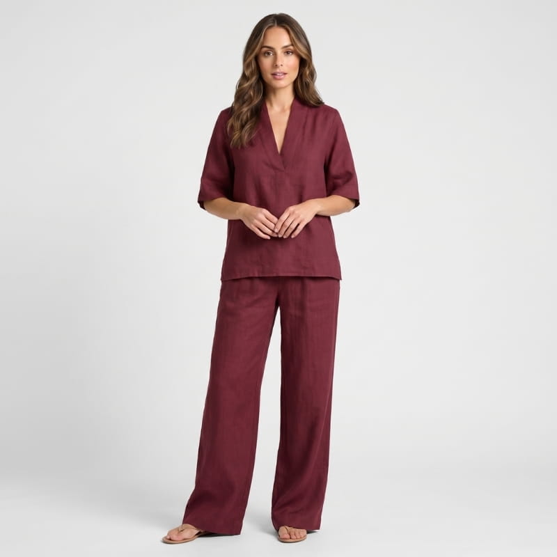 Vera Linen Co-Ord Set – V-Neck Oversized Top Wide Leg Trouser Relaxed Breathable Casual Outfit