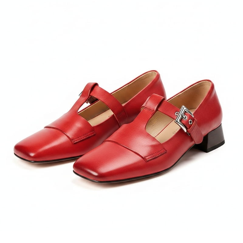 Verona Leather T-Strap Block Heel Pumps – Square Toe Elegant Dress Shoes