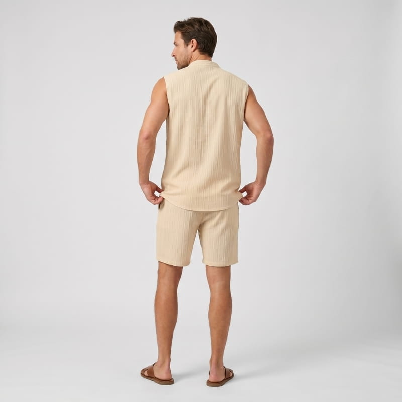 Brion Ribbed Linen Two-Piece Set – Sleeveless Vest Mandarin Collar Drawstring Shorts Outfit