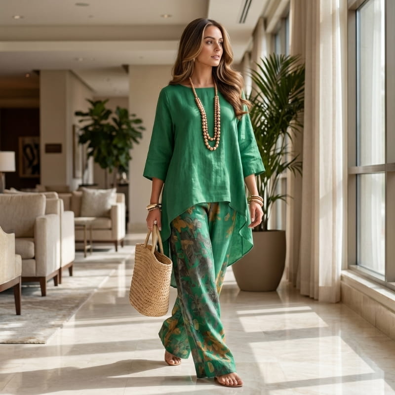 Herlene Woven Two-Piece Set – Asymmetric Hem Top Floral Print Wide Leg Trouser Boho Outfit
