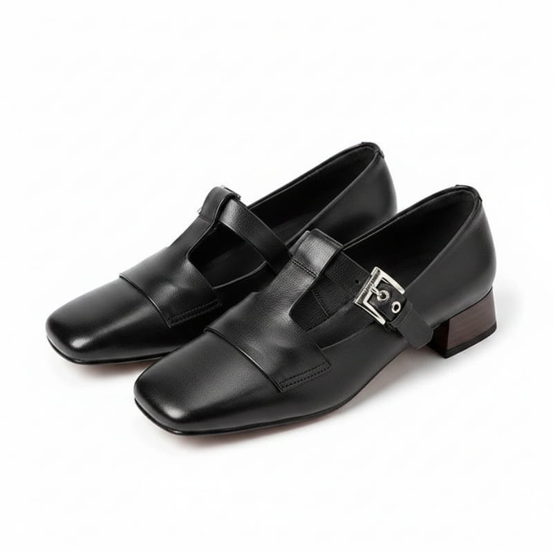 Verona Leather T-Strap Block Heel Pumps – Square Toe Elegant Dress Shoes