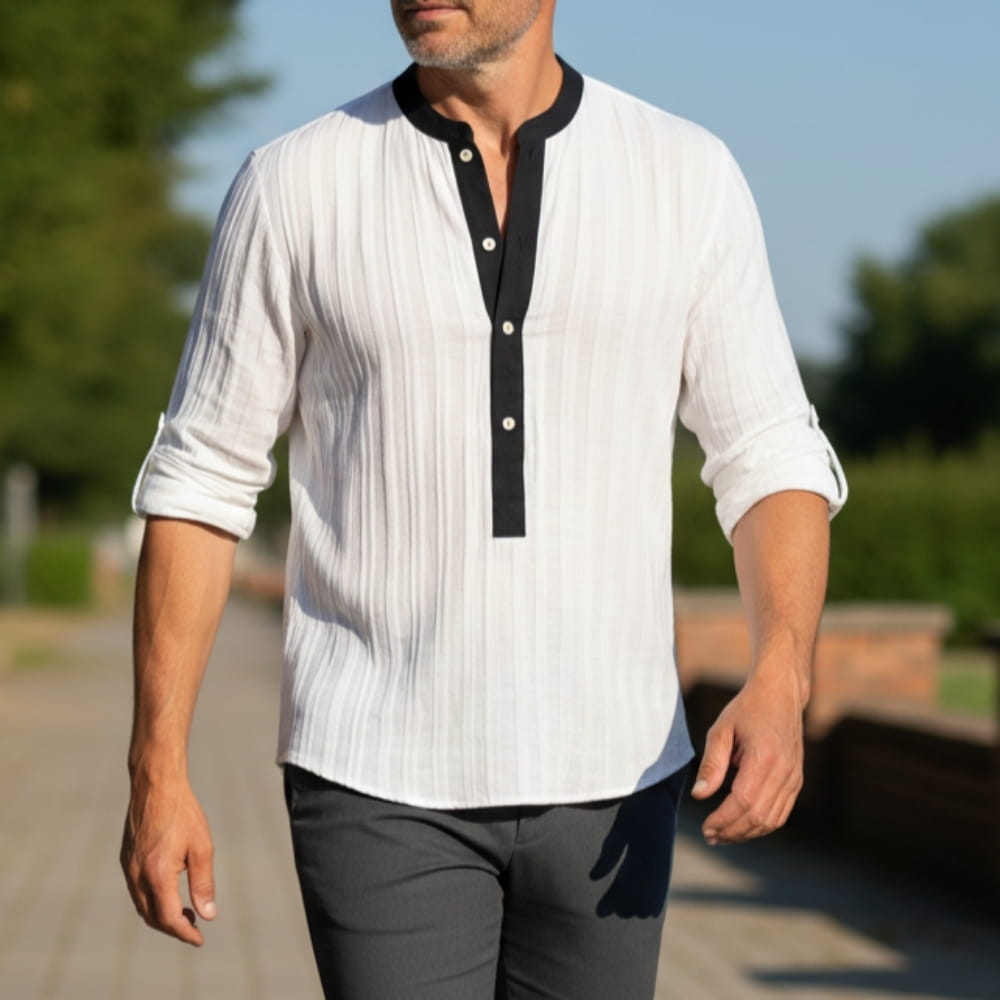 Piolo Contrast Band Collar Henley Shirt – Lightweight Cotton Blend Casual Wear