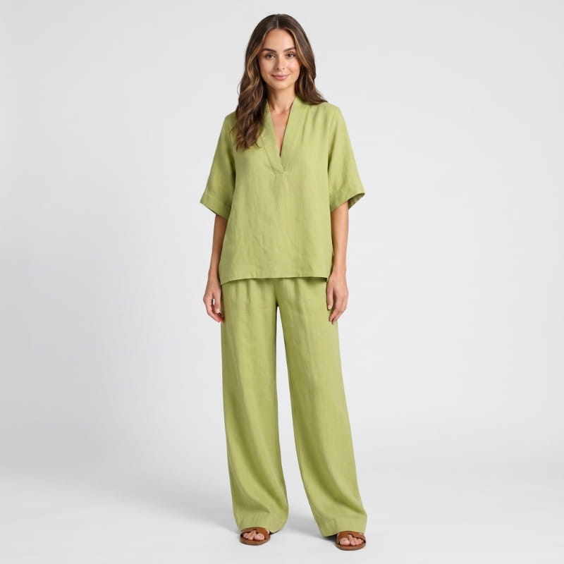 Vera Linen Co-Ord Set – V-Neck Oversized Top Wide Leg Trouser Relaxed Breathable Casual Outfit