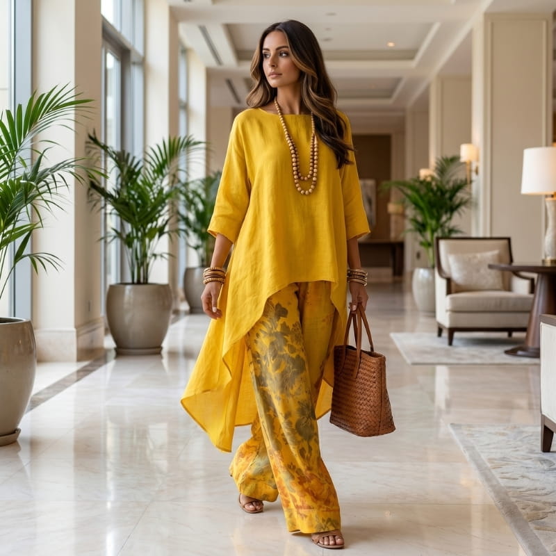 Herlene Woven Two-Piece Set – Asymmetric Hem Top Floral Print Wide Leg Trouser Boho Outfit
