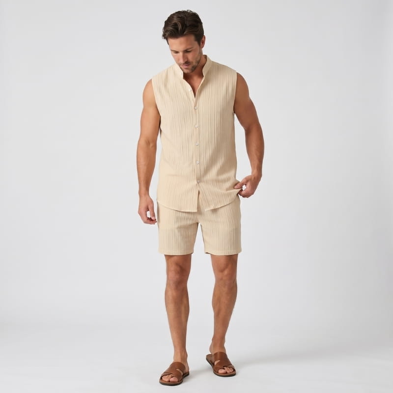 Brion Ribbed Linen Two-Piece Set – Sleeveless Vest Mandarin Collar Drawstring Shorts Outfit