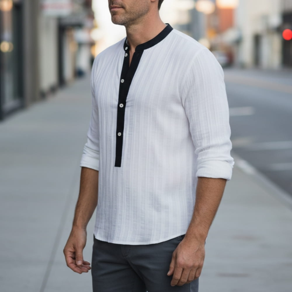 Piolo Contrast Band Collar Henley Shirt – Lightweight Cotton Blend Casual Wear