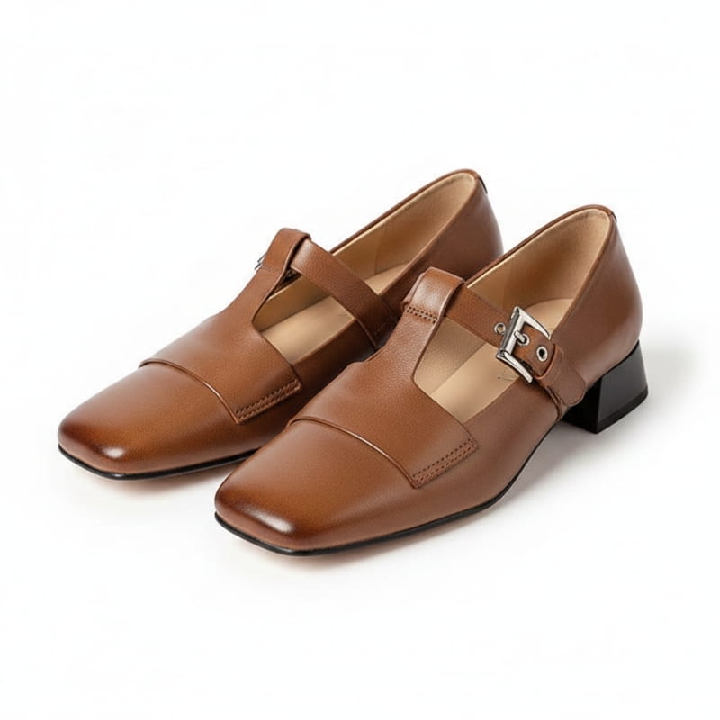 Verona Leather T-Strap Block Heel Pumps – Square Toe Elegant Dress Shoes