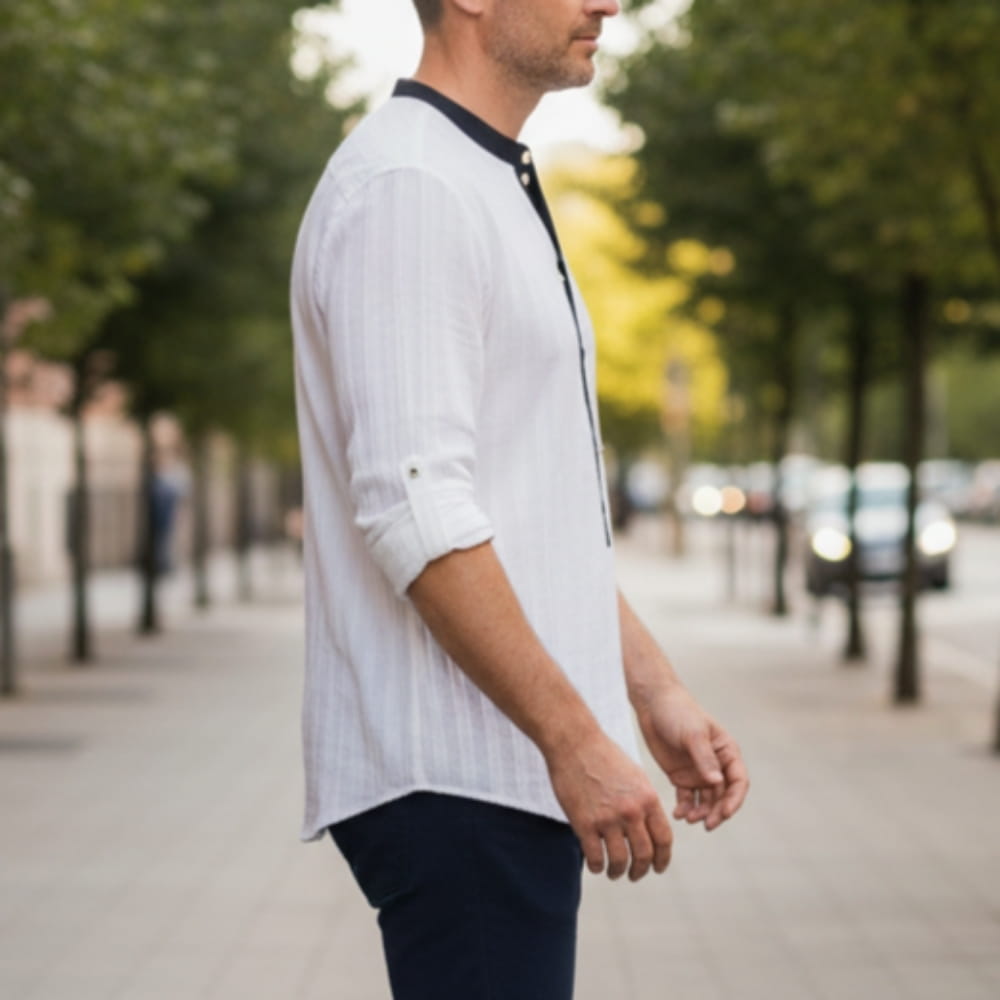 Piolo Contrast Band Collar Henley Shirt – Lightweight Cotton Blend Casual Wear