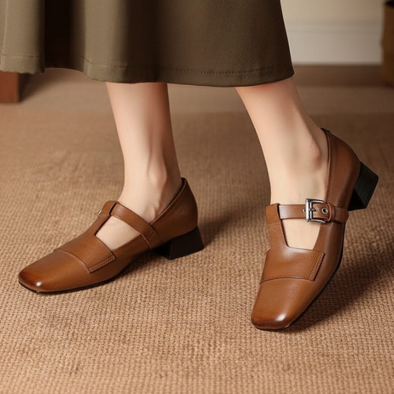 Verona Leather T-Strap Block Heel Pumps – Square Toe Elegant Dress Shoes