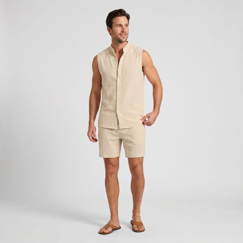 Brion Ribbed Linen Two-Piece Set – Sleeveless Vest Mandarin Collar Drawstring Shorts Outfit