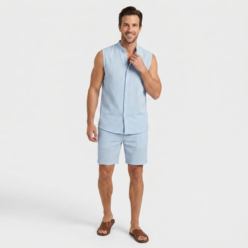 Brion Ribbed Linen Two-Piece Set – Sleeveless Vest Mandarin Collar Drawstring Shorts Outfit
