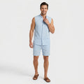 Brion Ribbed Linen Two-Piece Set – Sleeveless Vest Mandarin Collar Drawstring Shorts Outfit