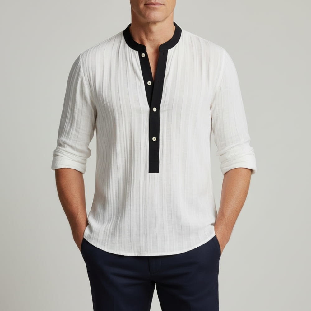 Piolo Contrast Band Collar Henley Shirt – Lightweight Cotton Blend Casual Wear