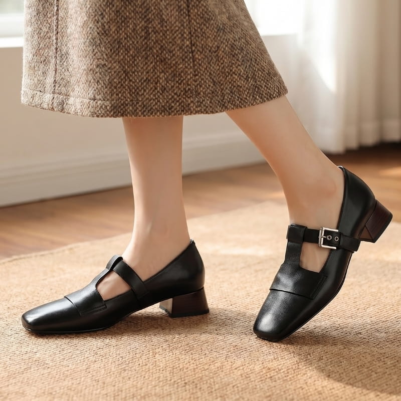 Verona Leather T-Strap Block Heel Pumps – Square Toe Elegant Dress Shoes