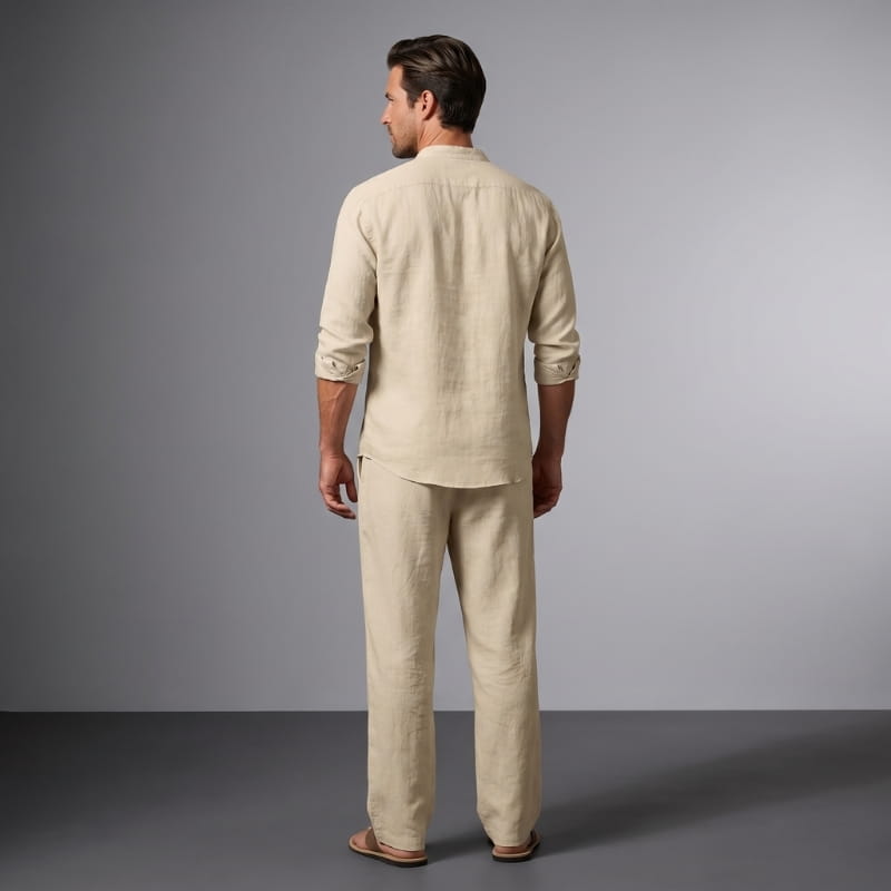 Felix Linen Two-Piece Set – Band Collar Shirt Wide Leg Elastic Waist Relaxed Casual Outfit
