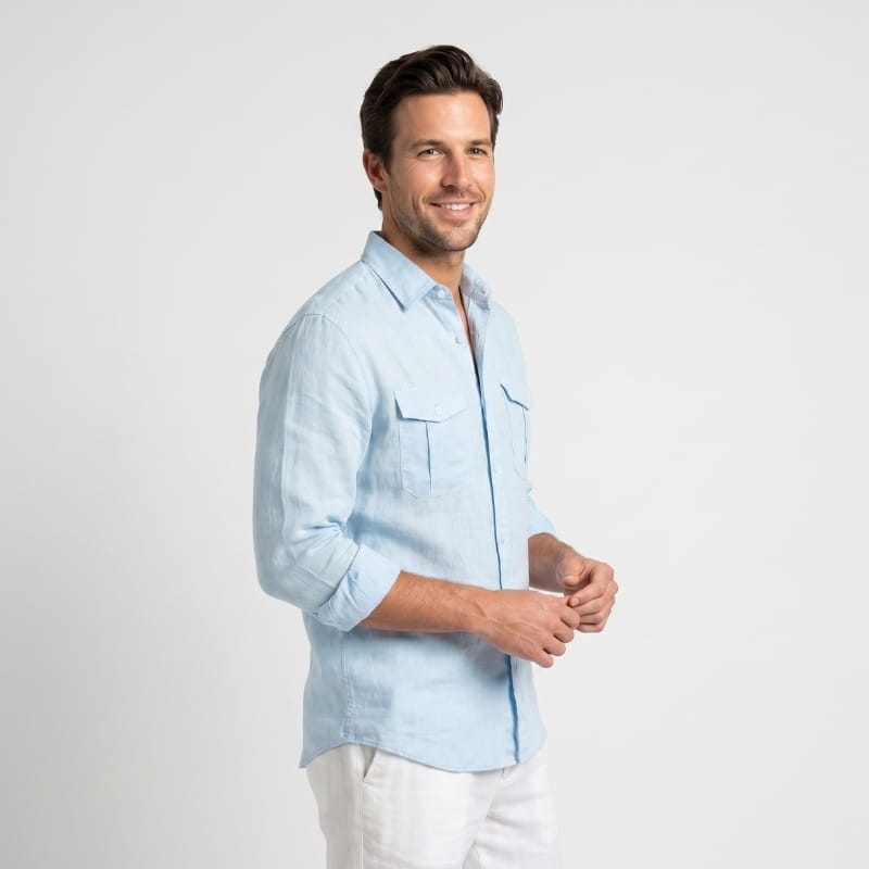 Harold Cotton Linen Utility Shirt – Double Chest Pocket Point Collar Long Sleeve Casual Top