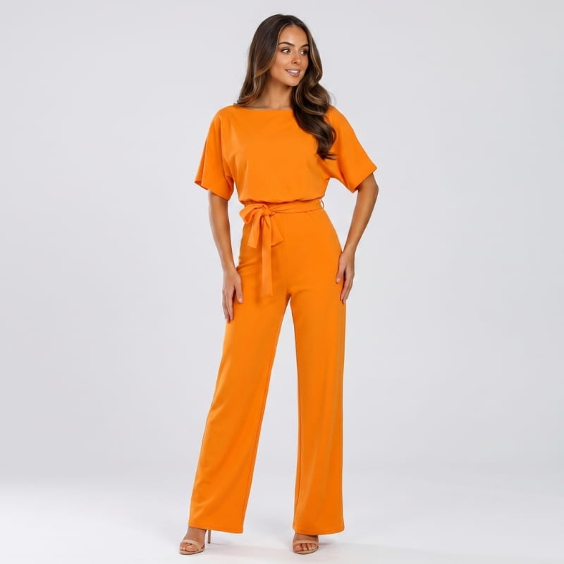 Nadia Woven Wide Leg Jumpsuit – Bateau Neck Dolman Sleeve Self-Tie Belt Elegant Occasion Outfit