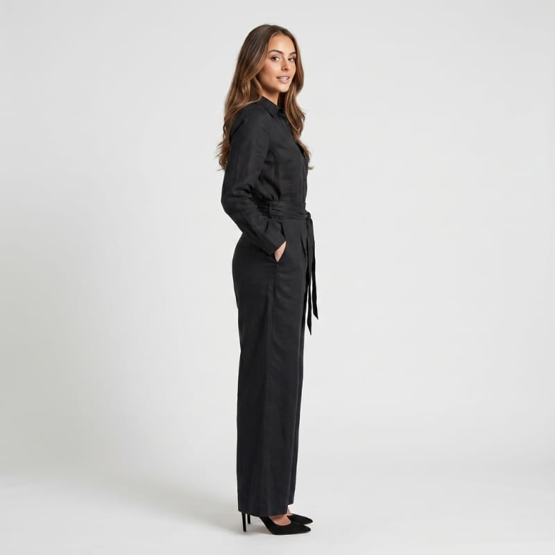 Jessy Linen Wide Leg Jumpsuit – Shirt Collar Self-Tie Belt Long Sleeve Elegant Casual Outfit