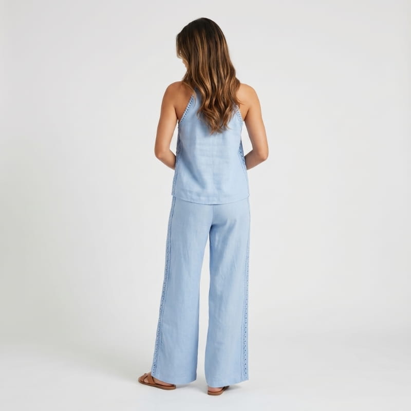 Fiora Linen Two-Piece Set – Halter Neck Lace Trim Top Wide Leg Trouser Elegant Resort Outfit