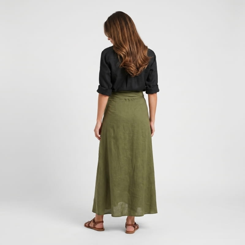 Sofia Linen Two-Piece Set – Lapel Shirt Top Tie Bow Midi Skirt Casual Smart Office Outfit