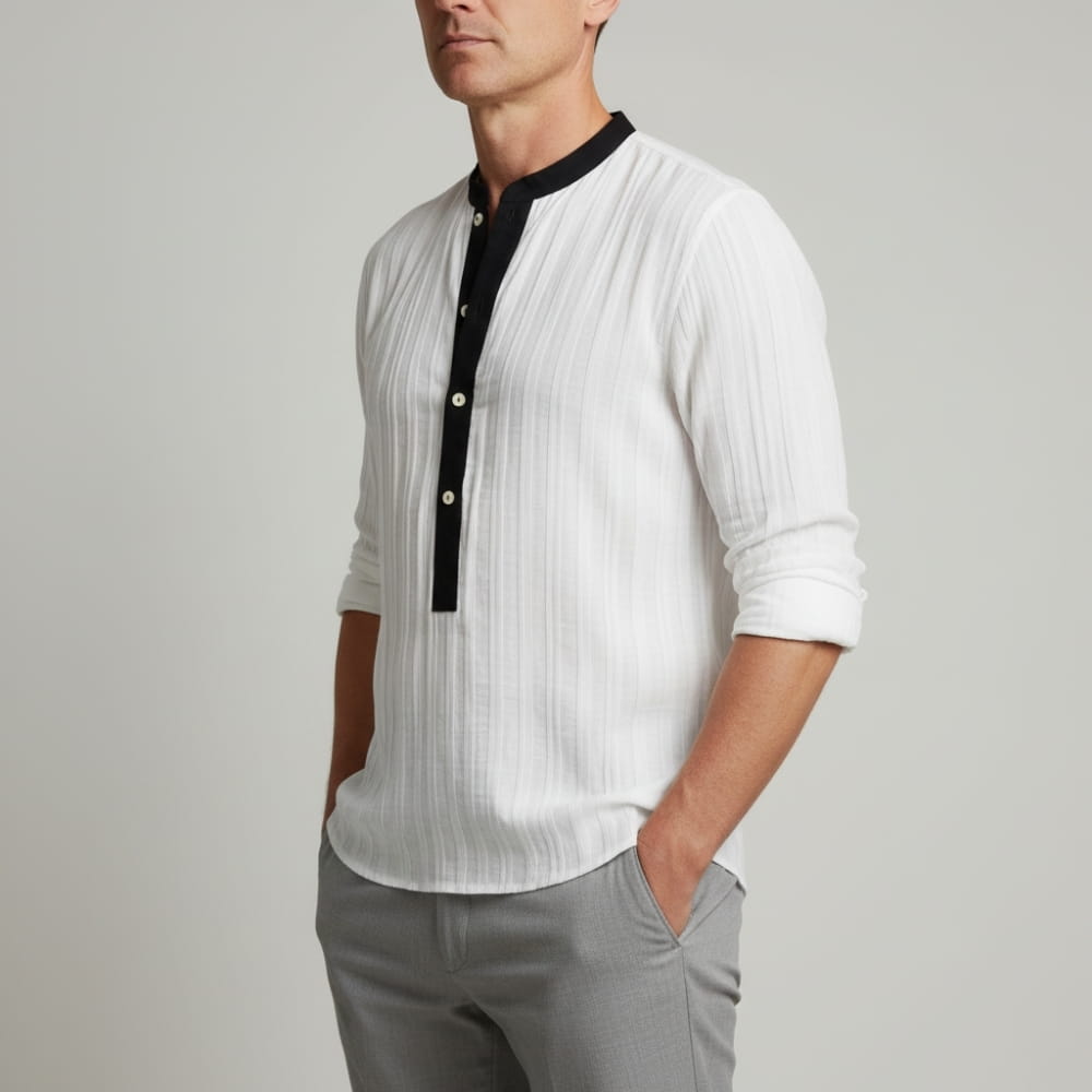 Piolo Contrast Band Collar Henley Shirt – Lightweight Cotton Blend Casual Wear